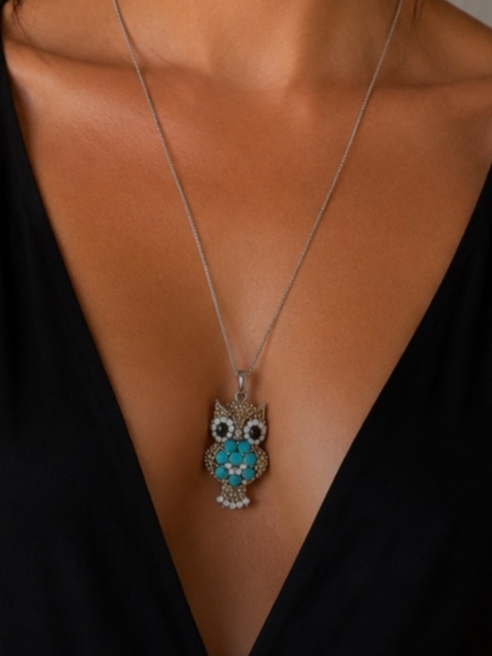 🆕 Turquoise Owl Pendant Necklace on Silver Chain🦉